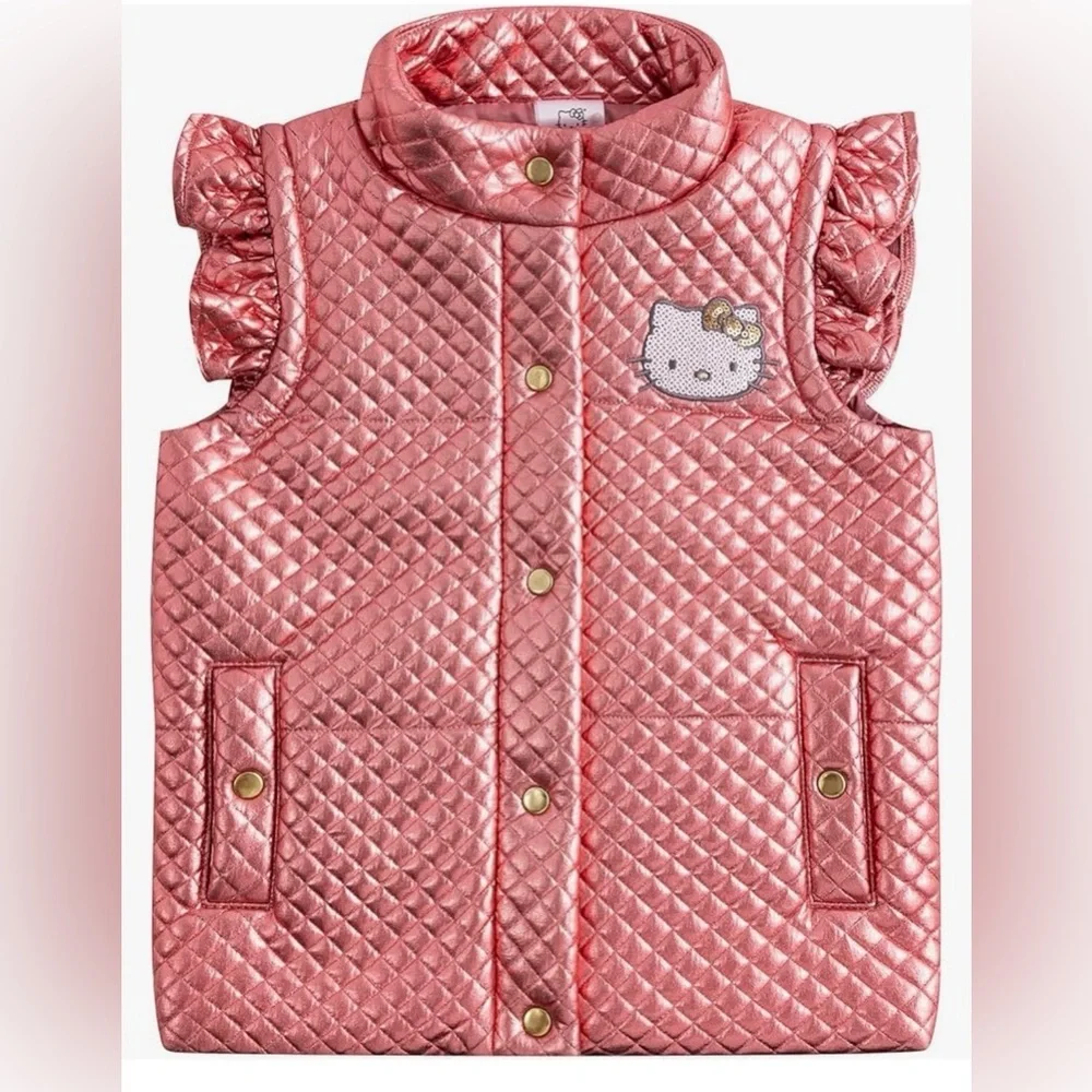 NWT Hello Kitty Metallic Quilted Vest Rose Gold Pink Girls 6 Sequin Bling Logo